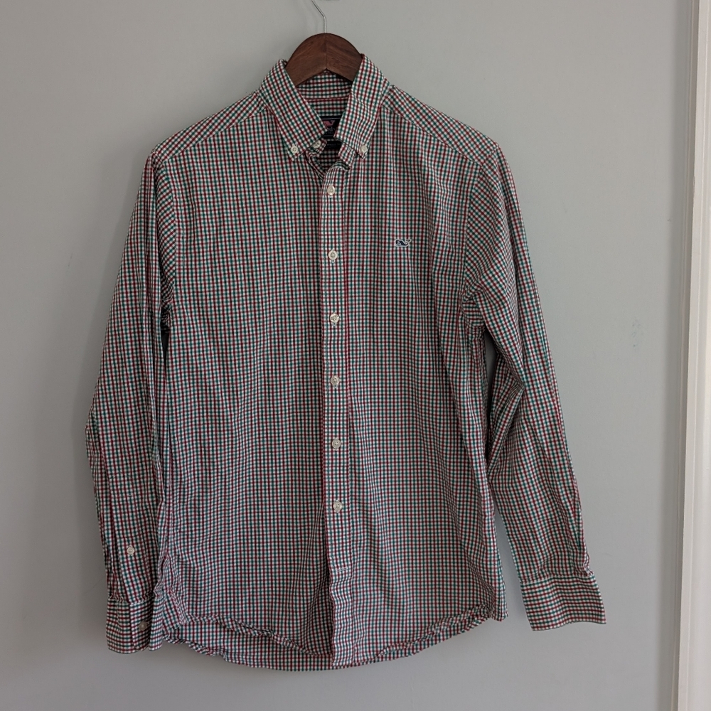 Men's Vineyard Vines Slim Fit Green Red Christmas Plaid Shirt Small